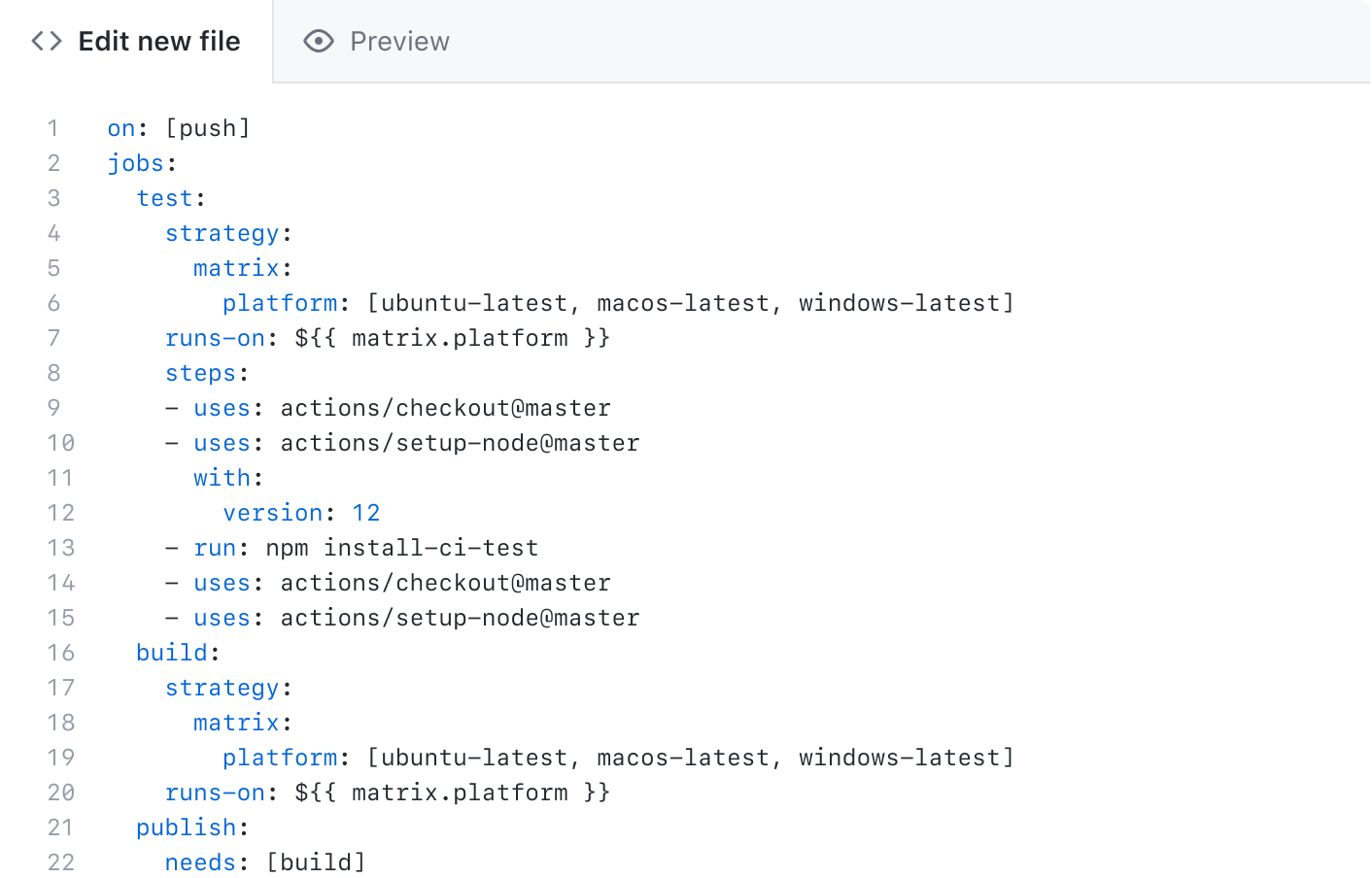 The GitHub Actions workflow editor